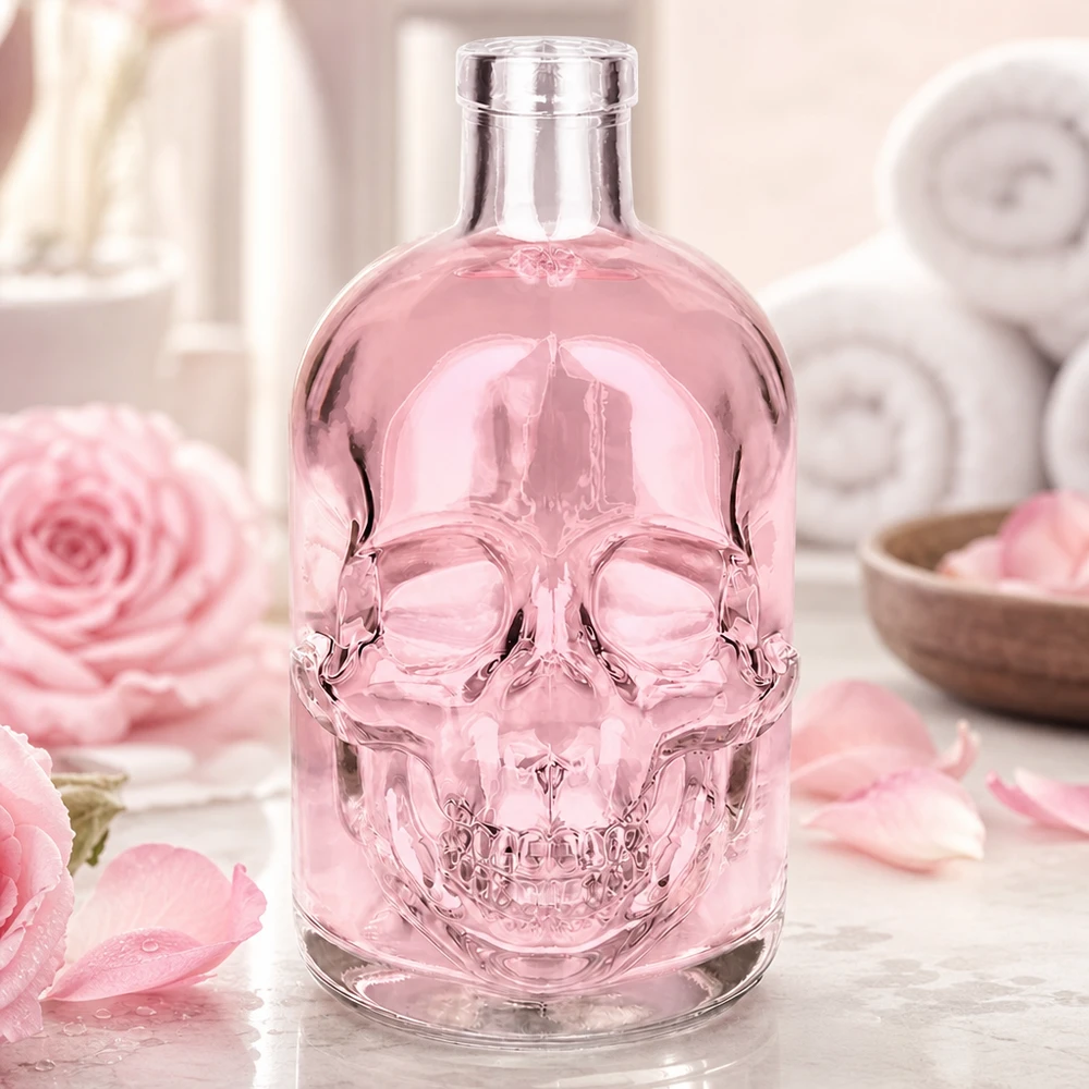 Szklana butelka Jack 500ml różowa przyciemniana czaszka spa atmosfera różana dekoracja bez nakrętki UNiTWIST