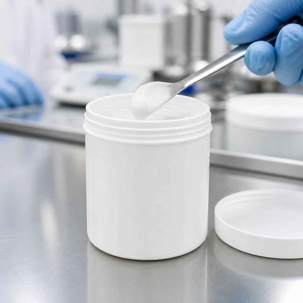 Laborant pobiera białą maść ze słoika z polipropylenu o pojemności 50 g za pomocą szpatułki w środowisku farmaceutycznym