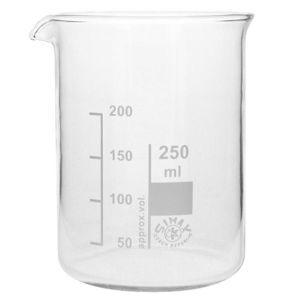 Zlewka 250 ml ze szkła borokrzemowego, niski kształt Zlewka 250 ml wykonana z wysokiej jakości szkła borokrzemowego z dziobkiem i skalą do laboratorium i kuchni