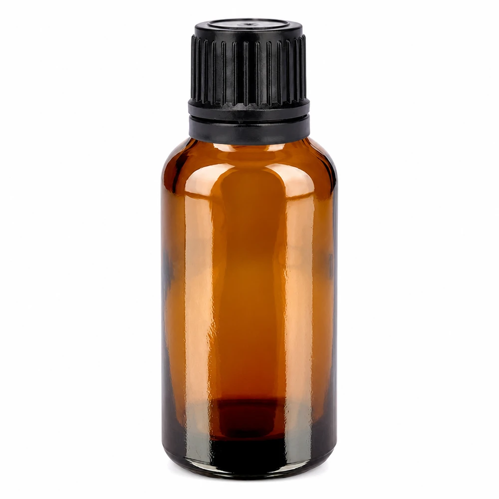 30 ml butelka 11 mm SV czarna OV BrownLine UT18/30 Butelka z brązowego szkła o pojemności 30 ml z czarną zakrętką na olejki eteryczne i kosmetyki