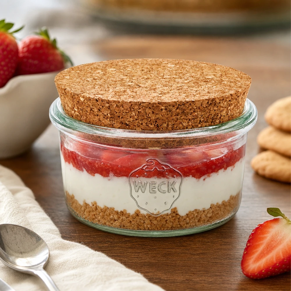 Szklanki 165ml WECK RR80 z korkiem naturalne WECK Sturzglas 165ml mit Korkdeckel als Dessertglas für Erdbeer-Tiramisu dekoriert mit frischen Erdbeeren