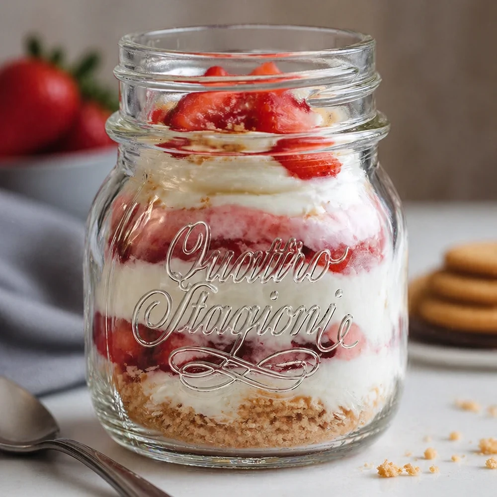 150 ml kieliszek domowy Quattro Stagioni wypełniony warstwowym deserem z truskawek i śmietany na białym blacie kuchennym