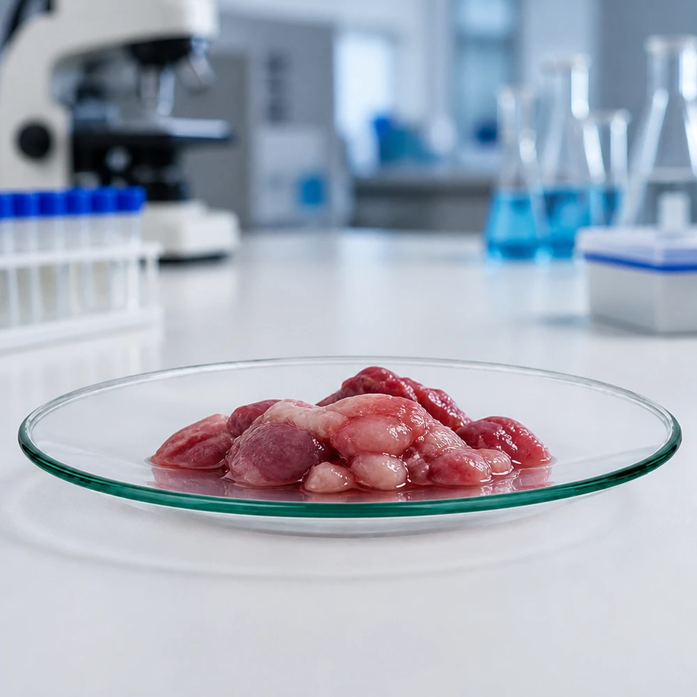 Oglądaj szklane naczynie 80 mm z próbkami organicznymi w sterylnym środowisku laboratoryjnym do testów mikrobiologicznych