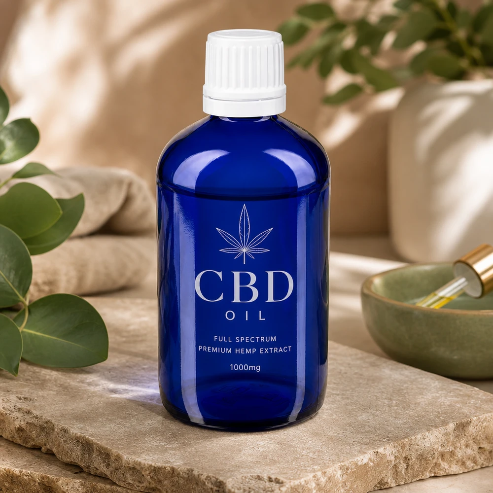 Butelka oleju CBD o pojemności 20 ml w kolorze kobaltowym z białą zakraplaczem, efektownie wyeksponowana na kamieniu naturalnym