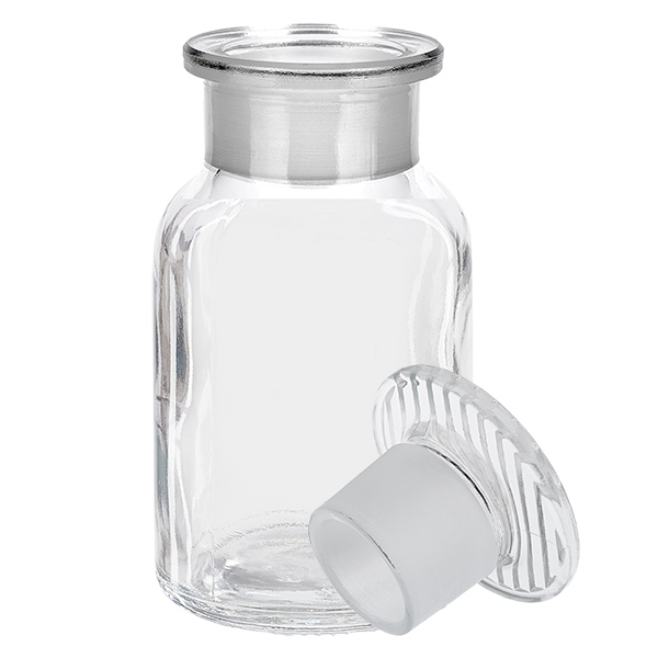 Okrągła butelka na ramię 100 ml, przezroczysta, szklana zatyczka z szeroką szyjką Przezroczysta butelka z zaokrąglonymi ramionami, pojemność 100 ml, z szklanym korkiem, o szerokiej szyjce, przeznaczona do laboratoriów i aptek