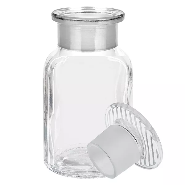 Przezroczysta butelka z zaokrąglonymi ramionami, pojemność 100 ml, z szklanym korkiem, o szerokiej szyjce, przeznaczona do laboratoriów i aptek