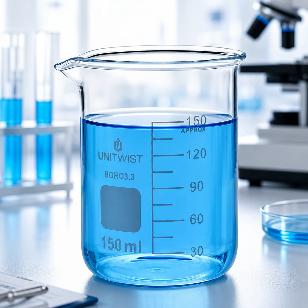 Szklanka UNiTwist o pojemności 150 ml, wykonana ze szkła borokrzemowego 3.3, o niskim profilu, z niebieską cieczą w laboratorium