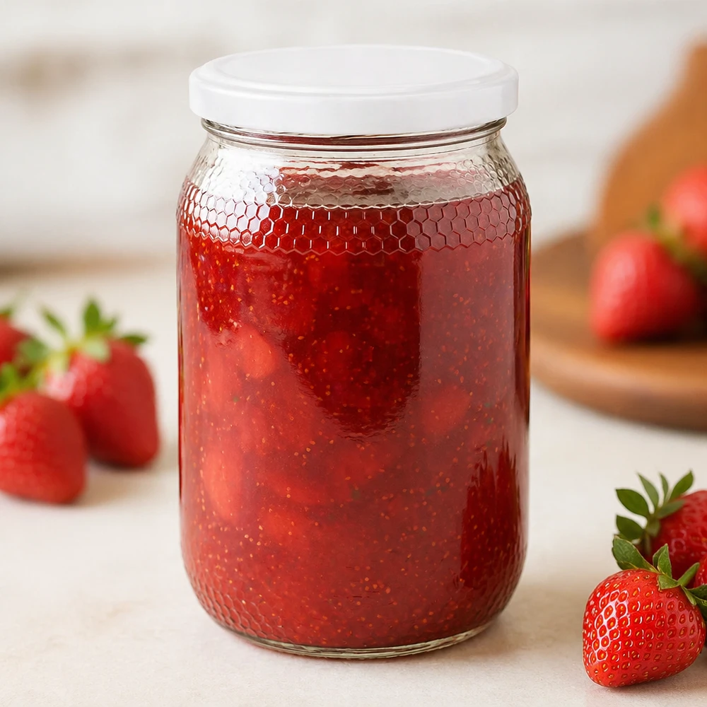 Słoik na miód 900 ml wypełniony dżemem truskawkowym demonstruje przydatność do dżemów pokrywki BasicSeal UNiTWIST