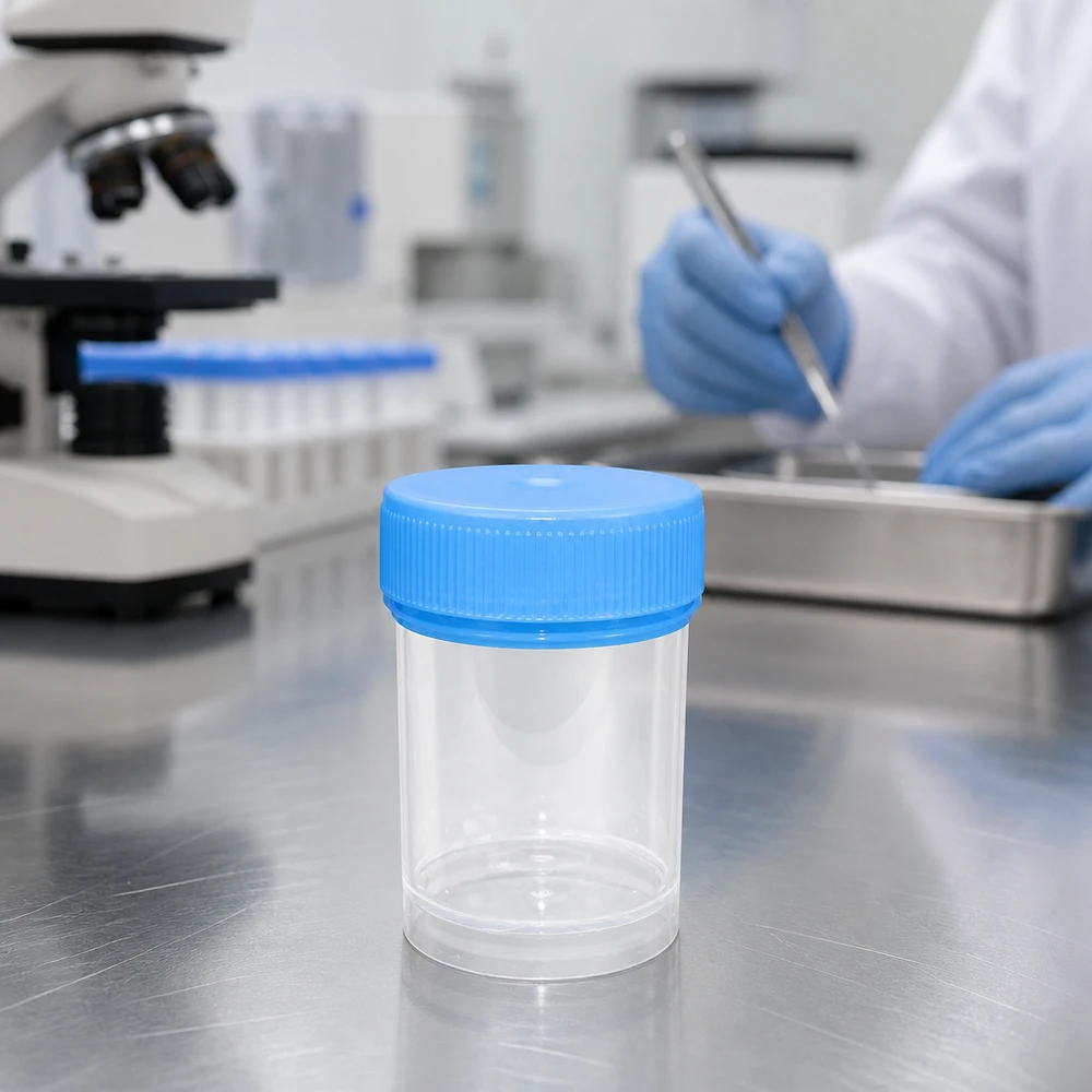 Puste, przezroczyste plastikowe pudełko o pojemności 20 ml z niebieską zakrętką na powierzchni ze stali nierdzewnej w laboratorium