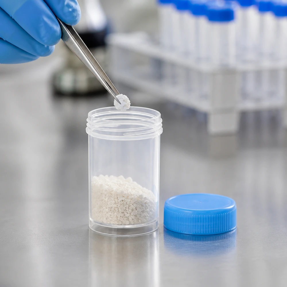 Pinceta wyjmuje białą próbkę z przezroczystego plastikowego pojemnika o pojemności 35 ml z niebieską zakrętką