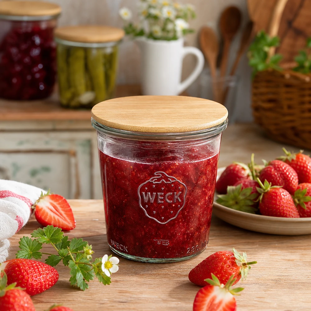 Wysokie kubki WECK RR80 o pojemności 290 ml z drewnianą pokrywką Słoik na przetwory WECK 290 ml z bambusową pokrywką wypełniony dżemem truskawkowym w otoczeniu świeżych truskawek na drewnianym stole