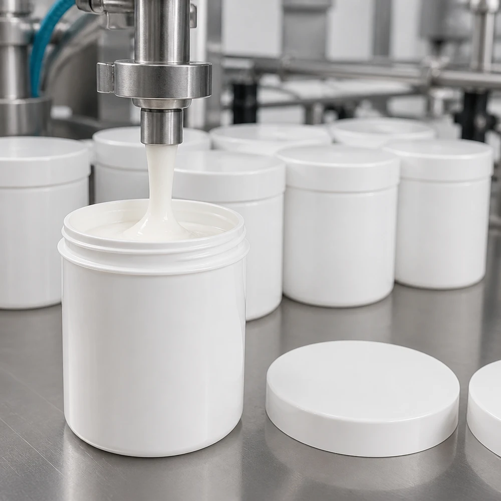 Automatyczne napełnianie białych słoiczków na maści o pojemności 20 g z tworzywa PP w produkcji farmaceutycznej