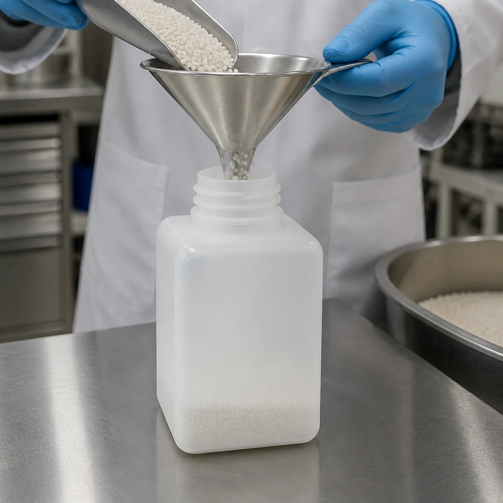 Laborant napełnia białe granulki za pomocą lejka ze stali nierdzewnej do butelki na chemikalia z polietylenu o wysokiej gęstości (PE-HD) o pojemności 20 ml i szyjce GL18