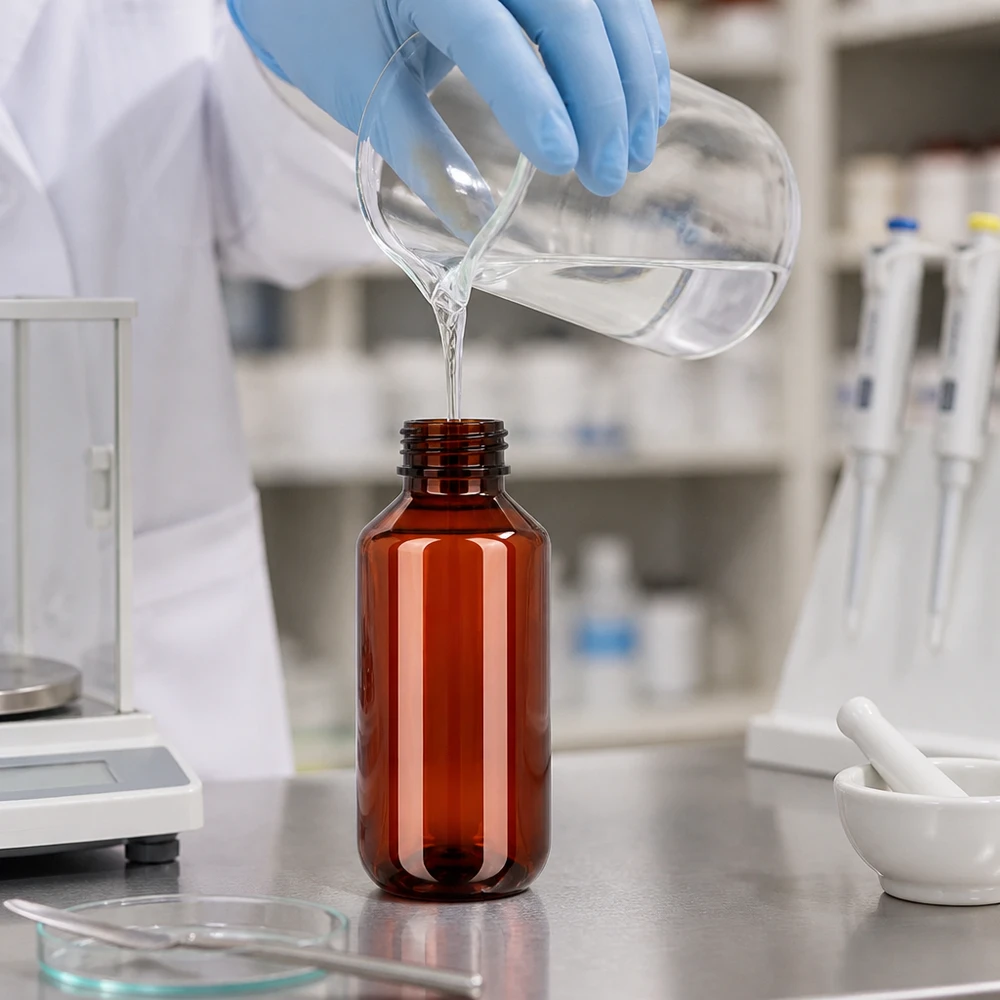 Brązowa butelka PET o pojemności 100 ml z zakrętką jest napełniana w nowoczesnym laboratorium farmaceutycznym