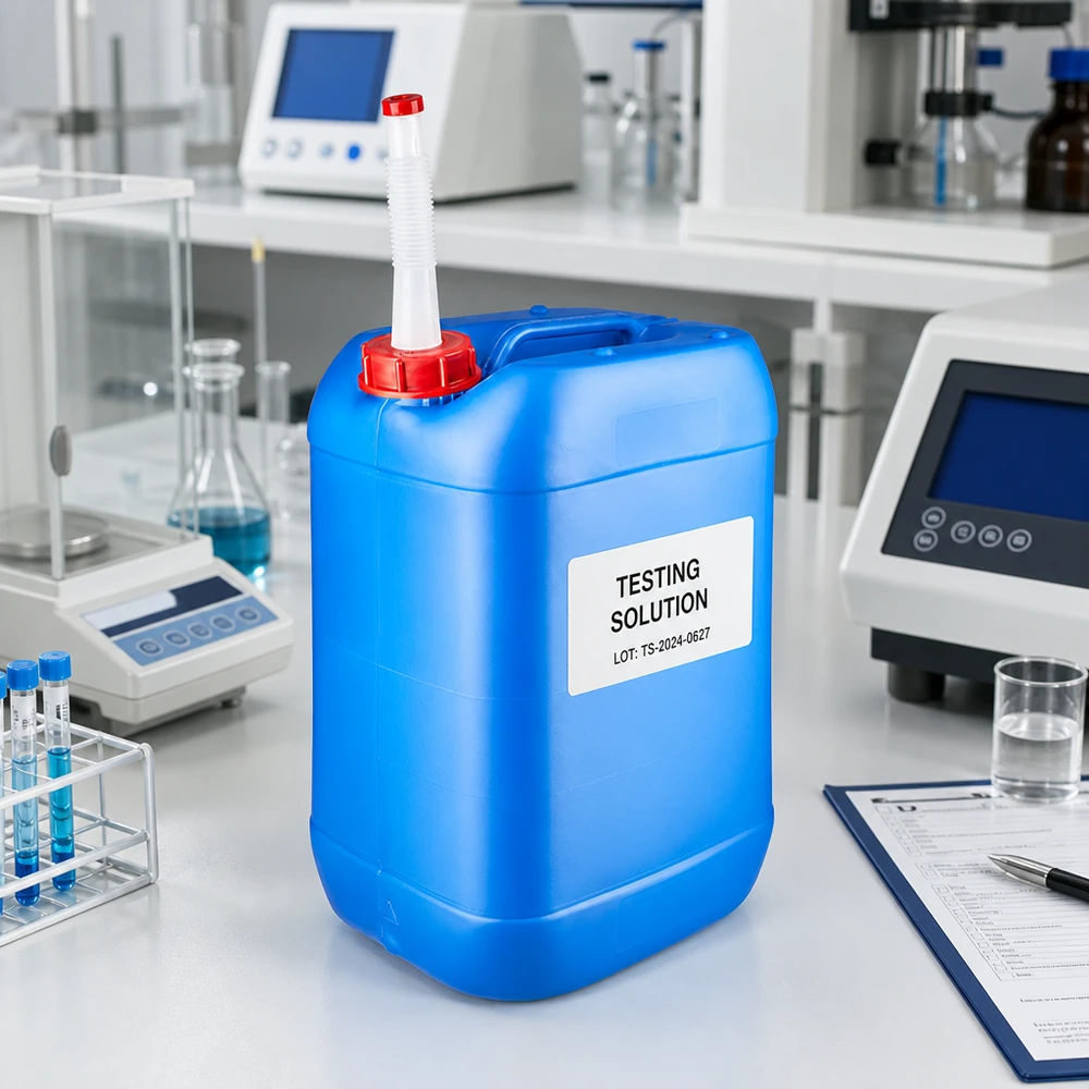 Kanister o pojemności 25 l, niebieski, z elastyczną rurką wylotową i etykietą, przeznaczony do roztworów testowych w warunkach laboratoryjnych