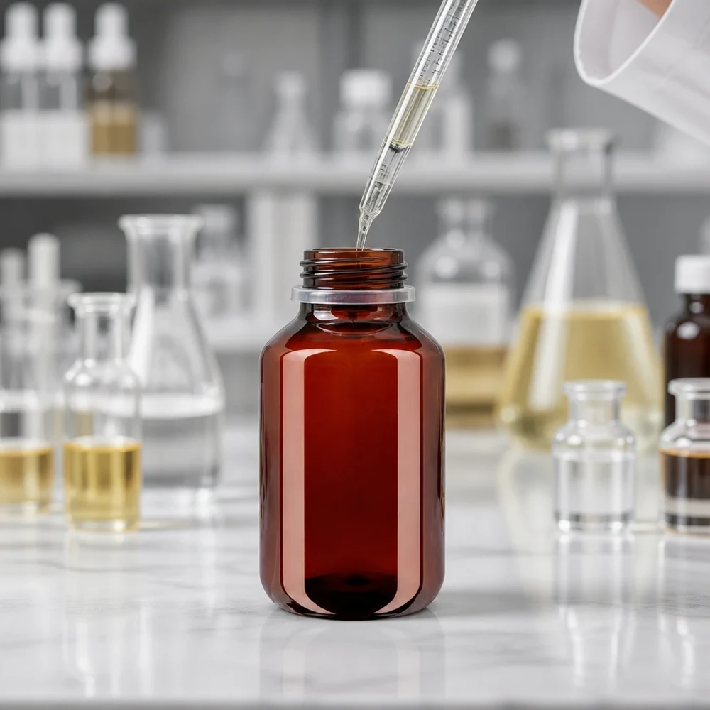 Butelka PET 100ml z białą nakrętką OV + kubek Abfüllprozess in braune 100ml PET Flasche mit Glaskolben und weißem OV Verschluss