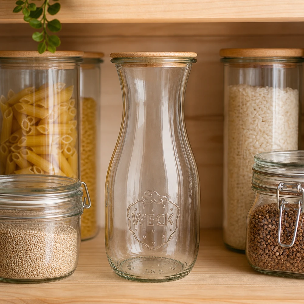 Butelka na sok 530 ml WECK RR60 z drewnianą pokrywką Butelka na sok WECK 530ml RR60 pusta między słoikami do przechowywania makaronu i ryżu w zorganizowanej kuchni z drewnianymi półkami