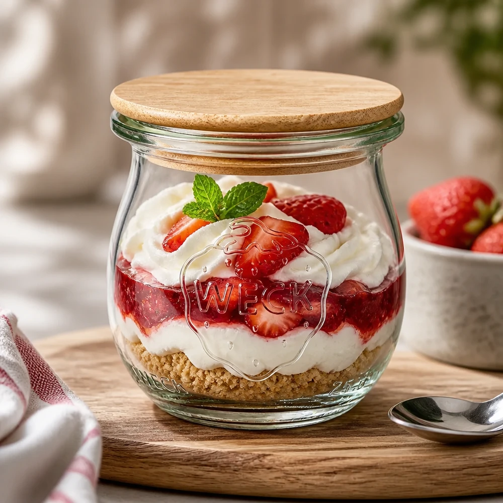 Słoik tulipanowy 75 ml WECK RR40 z drewnianą pokrywką Słoiczek tulipanowy WECK 75ml RR40 z bambusową pokrywką wypełniony deserem truskawkowym i śmietanką na drewnianym stole