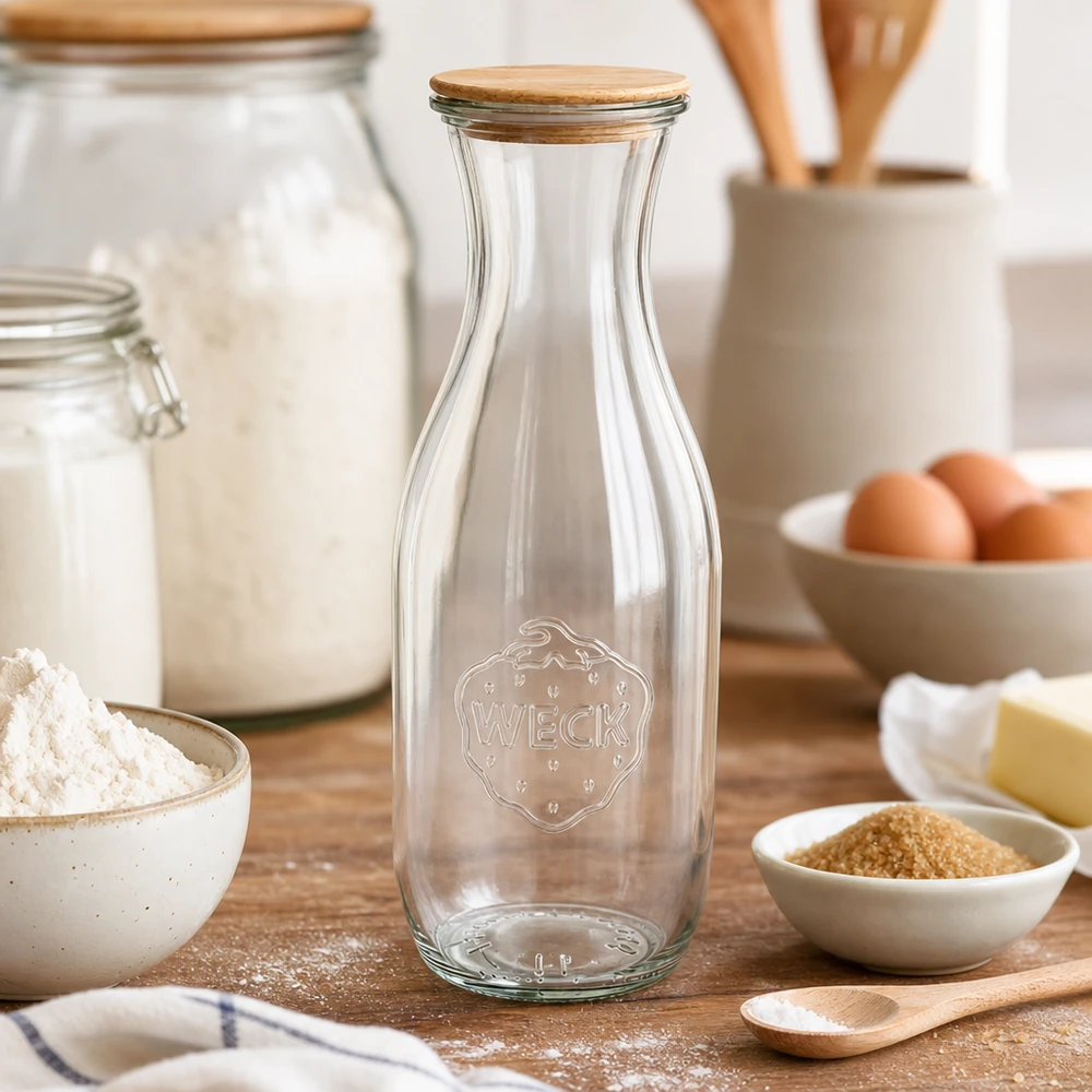 Butelka na sok WECK RR60 o pojemności 1062 ml z drewnianą pokrywką Butelka na sok WECK 1062 ml z drewnianą pokrywką na stole kuchennym między składnikami do pieczenia, takimi jak mąka, jajka i masło