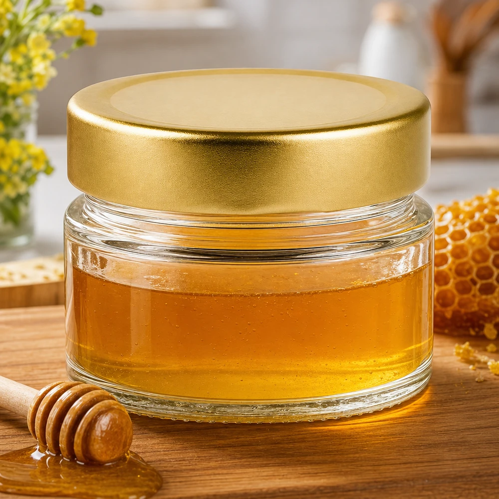 80 ml okrągły słoik ze złotym wieczkiem BasicSeal deep UN.. Okrągły słoik o pojemności 80 ml z pokrywką BasicSeal w kolorze złotym, wypełniony miodem obok plastra miodu i łyżki miodu na drewnianej desce.