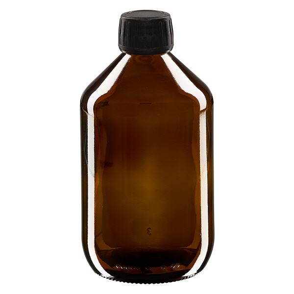 Butelka na lek 500 ml brązowa, czarna zakrętka z pierścieniem zabezpieczającym ApoGlas. Farmaceutyczna jakość produkcji UE. Gwint 28 mm (PP28). (syrop, butelka z lekkiego szkła) Butelka na lek 500 ml brązowa, czarna zakrętka z pierścieniem zabezpieczającym ApoGlas. Farmaceutyczna jakość produkcji UE. Gwint 28 mm (PP28). (syrop, butelka z lekkiego szkła)