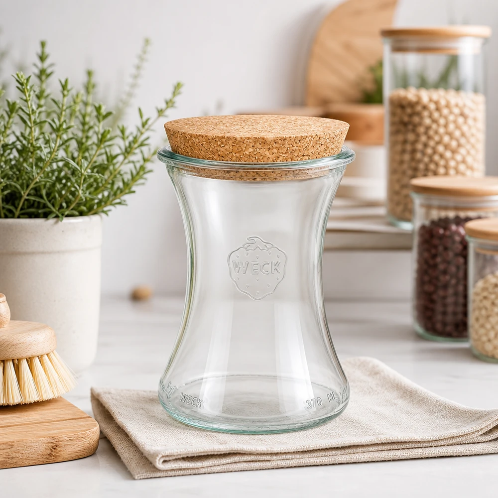 Słoik delikatesowy 370ml WECK RR80 z korkiem naturalny WECK Delikatessenglas 370ml RR80 in moderner Küche mit Vorratsgläsern Kräutern und Holzaccessoires als Deko