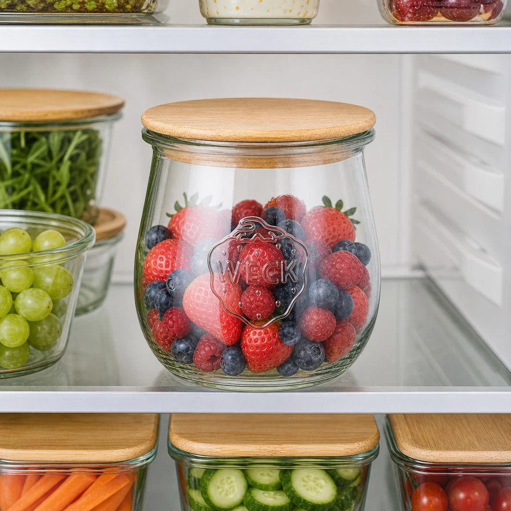 Słoik tulipanowy 220 ml WECK RR60 z drewnianą pokrywką WECK Tulpenglas 220ml mit Holzdeckel zur Aufbewahrung von Beeren im Kühlschrank - Frischhalteglas für Obst
