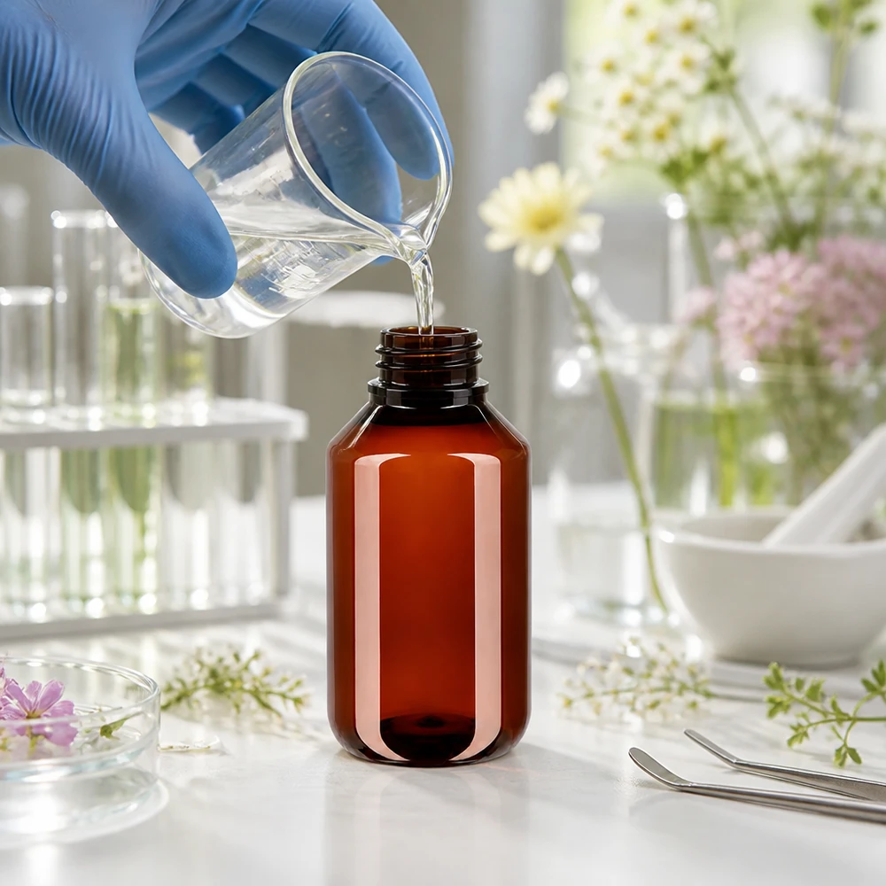 Mała butelka PET o pojemności 50 ml, w kolorze bursztynowym, z białym zamknięciem zabezpieczającym, przeznaczona do płynów
