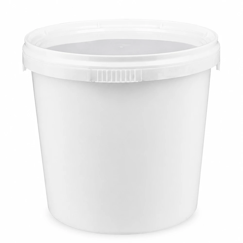 Wiadro o pojemności 1 litra wykonane z białego plastiku PP z pokrywką Białe plastikowe wiadro o pojemności 1 l z pokrywką, wykonane z tworzywa PP, przeznaczone do kontaktu z żywnością