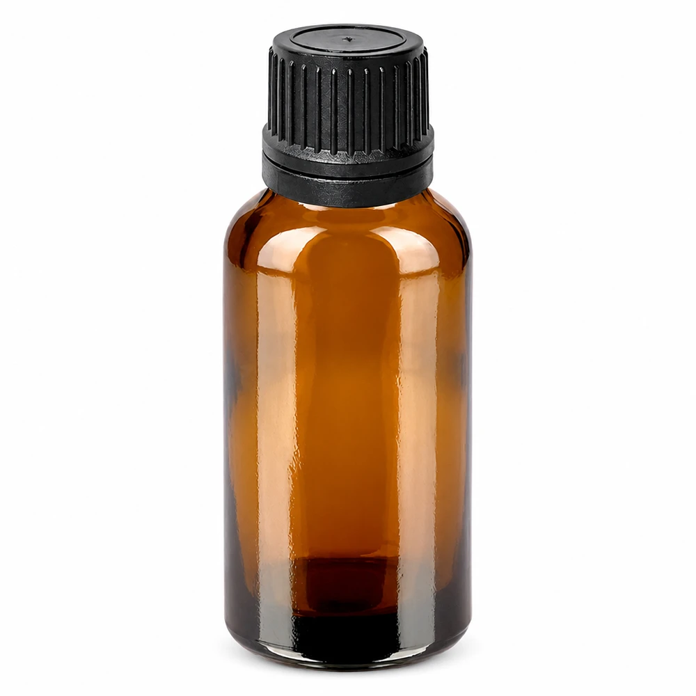 30 ml butelka z zakraplaczem 1 mm czarna OV BrownLine UT18/30 Butelka z brązowego szkła o pojemności 30 ml z czarnym zakraplaczem do olejków eterycznych i nalewek