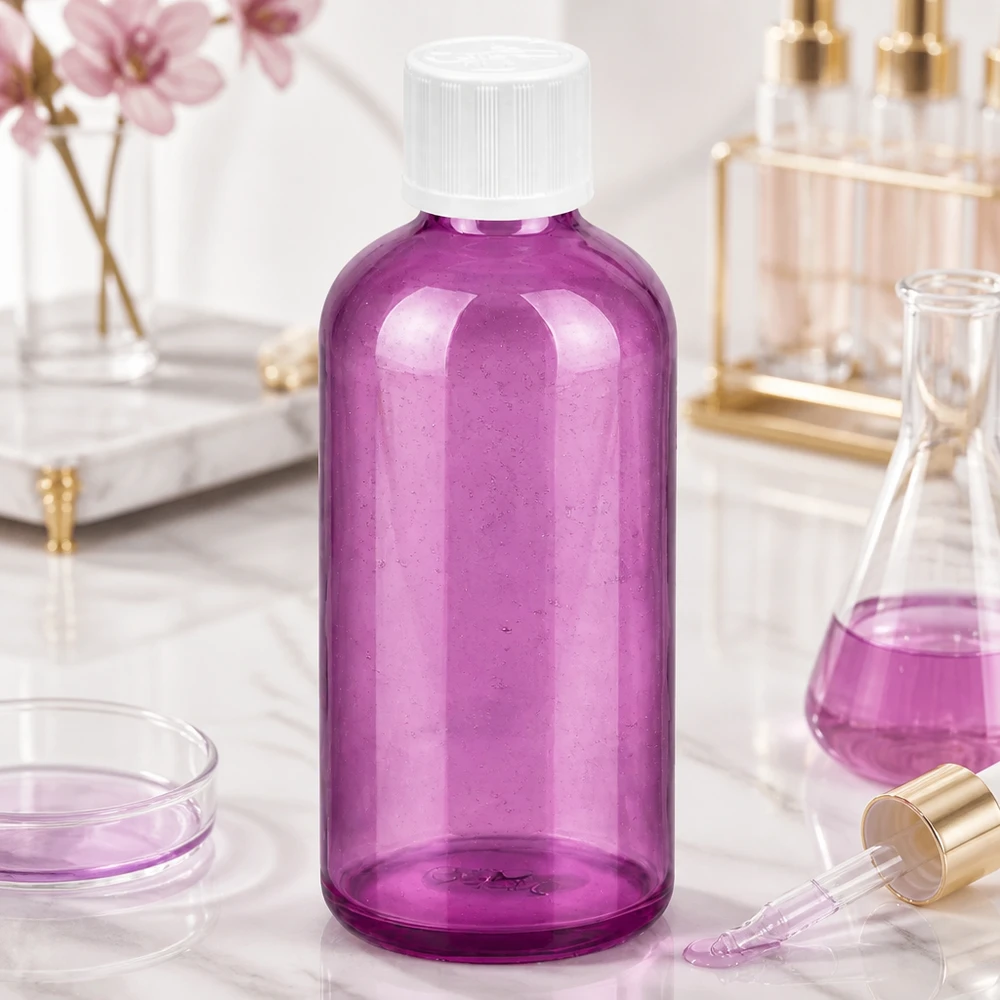 Butelka z zakraplaczem 100 ml 1,2 mm biała, standardowa linia PurpleLine zabezpieczona przed dziećmi. UT18/100 Elegancka fioletowa butelka kosmetyczna o pojemności 100 ml z zakraplaczem o średnicy 1,2 mm do serum i olejków.
