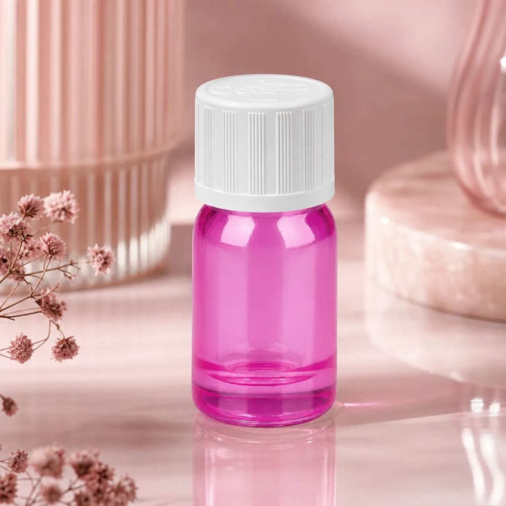 Butelka 5 ml z zakrętką 11 mm biała, standardowa, zabezpieczona przed dziećmi butelka PurpleLine UT18/5 Mała butelka do aromaterapii 5 ml w kolorze jasnofioletowym z zakrętką zabezpieczającą przed dziećmi do codziennego użytku