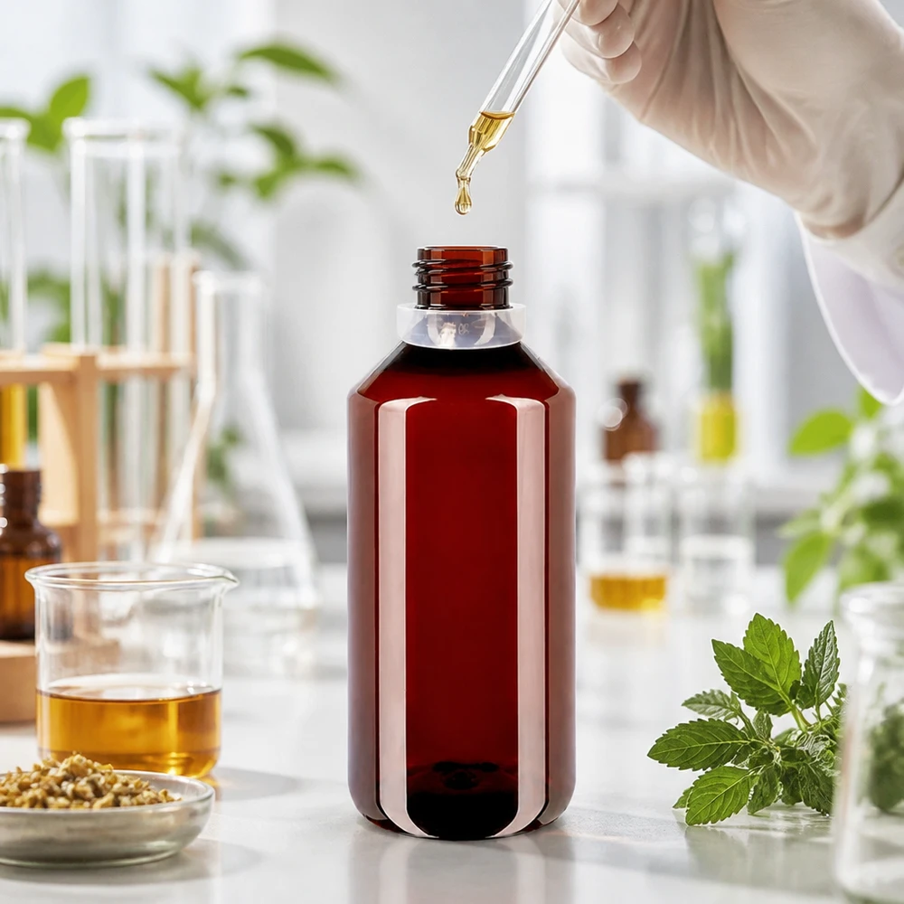Stabile braune Kunststoffflasche 1 Liter mit weißem OV Verschluss und Messbecher Set