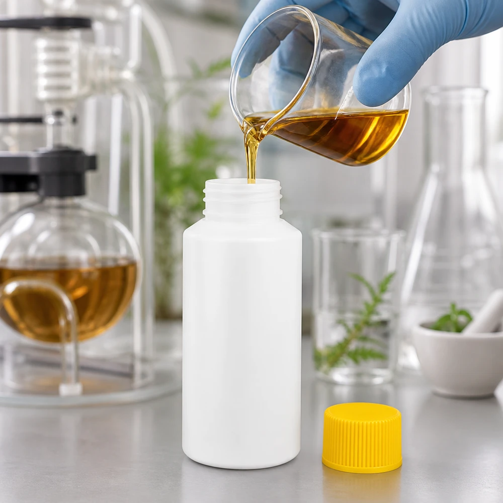 Mała biała butelka z tworzywa sztucznego o pojemności 30 ml z żółtym zamknięciem zabezpieczającym przed dziećmi podczas napełniania w laboratorium