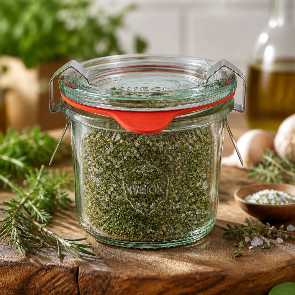 Słoik na przyprawy Pomysł: Mini słoik WECK 80 ml Słoiczek WECK Mini o pojemności 80 ml, wypełniony zieloną solą ziołową, otoczony świeżym rozmarynem i tymiankiem