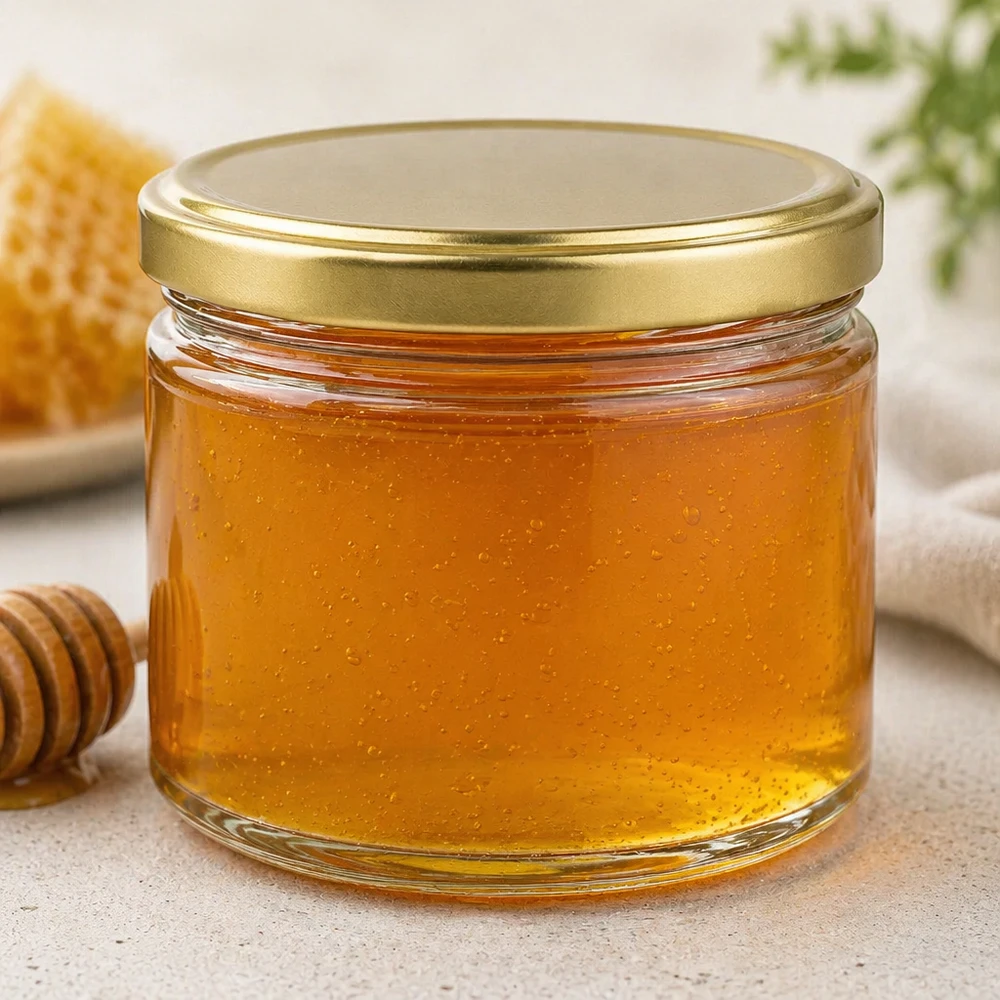 700g Honigglas mit goldenem Deckel BasicSeal UNiTWIST Słoik miodu 700 g wypełniony złotym miodem i pokrywką BasicSeal obok plastra miodu i drewnianej łyżki do miodu