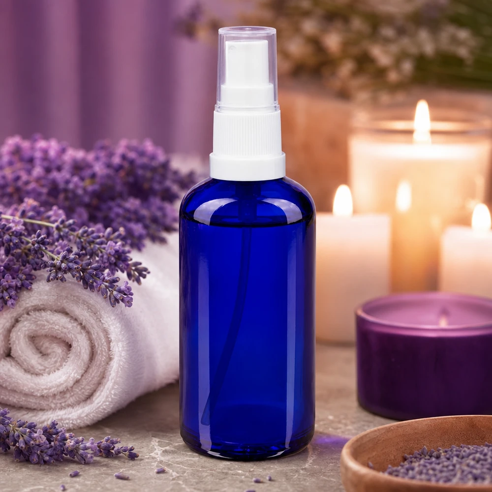 50 ml niebieska aptekarska butelka z atomizerem z lawendą i świecami w atmosferze wellness