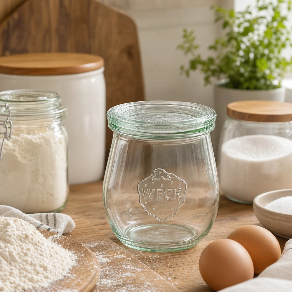 Słoik w kształcie tulipana o pojemności 220 ml z szklaną pokrywką WECK RR60 WECK tulipan słoik 220ml RR60 pusty w nowoczesnej kuchni ze składnikami do gotowania jajkami mąką i drewnianym sprzętem kuchennym