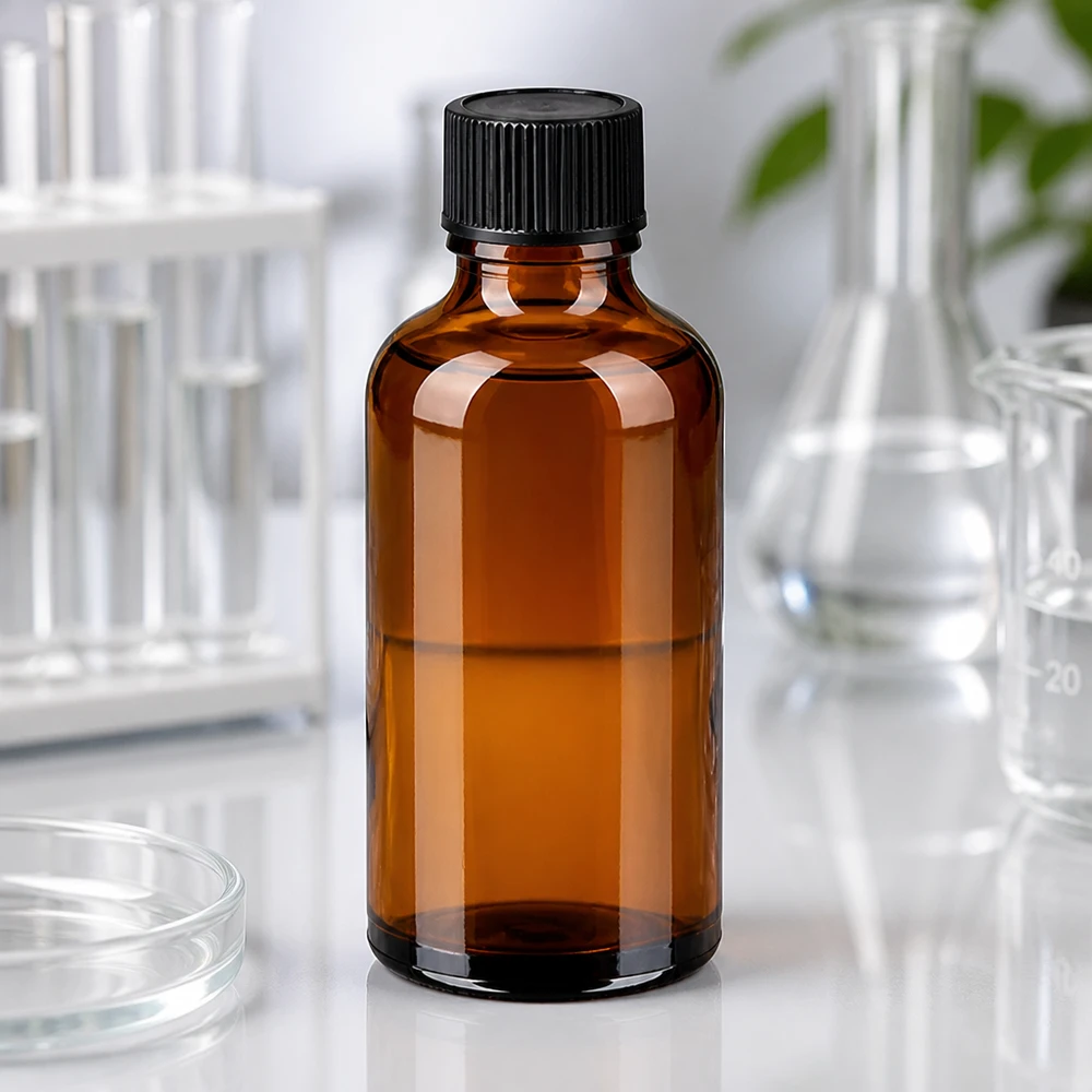 Butelka z zakraplaczem BrownLine o pojemności 50 ml wykonana z bursztynowego szkła chroniącego przed promieniowaniem UV z czarną standardową zakrętką