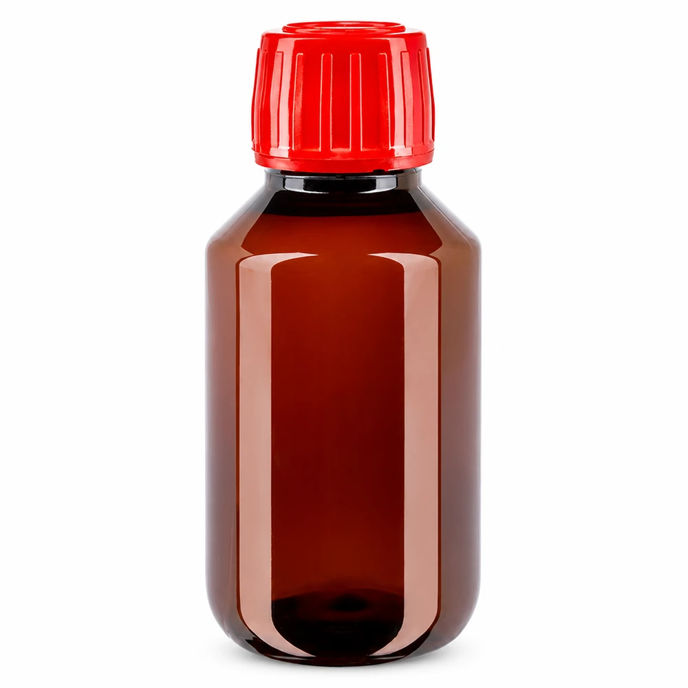 Butelka PET 100ml z czerwoną nakrętką OV Brązowa butelka PET o pojemności 100 ml z oryginalnym czerwonym zamknięciem, przeznaczona dla branży farmaceutycznej i laboratoryjnej