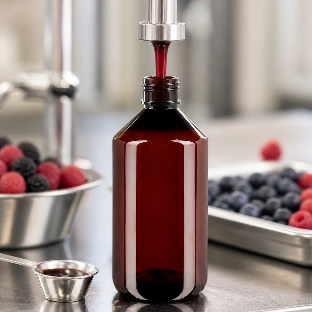 Brązowa butelka PET o pojemności 750 ml jest napełniana czerwonym ekstraktem z jagód oraz świeżymi malinami i borówkami