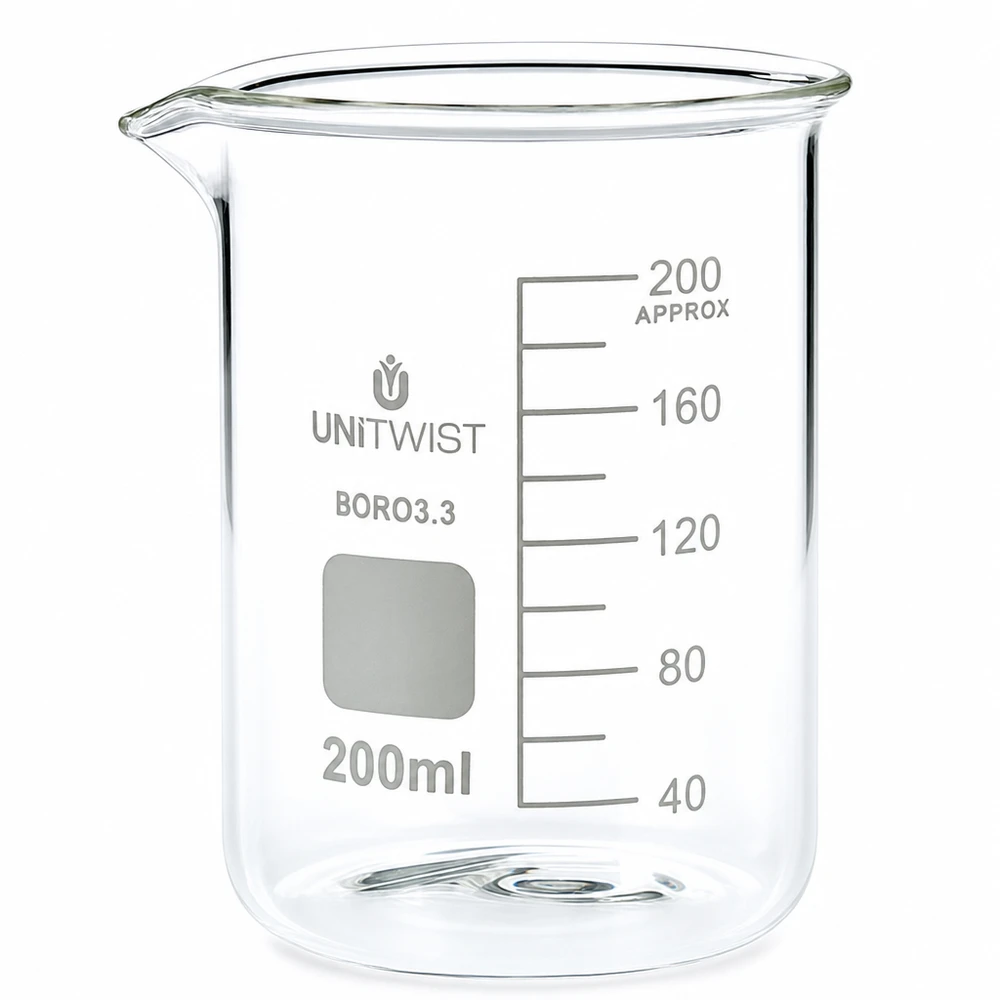 Szklanka o pojemności 200 ml, niskoprofilowa, wykonana z borokrzemianu, marki UNiTWIST, z podziałką mililitrową