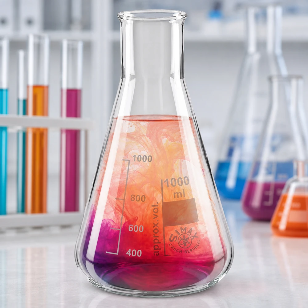 Wysokiej jakości kolba Erlenmeyera o pojemności 100 ml z szeroką szyjką i kolorowymi roztworami do eksperymentów chemicznych