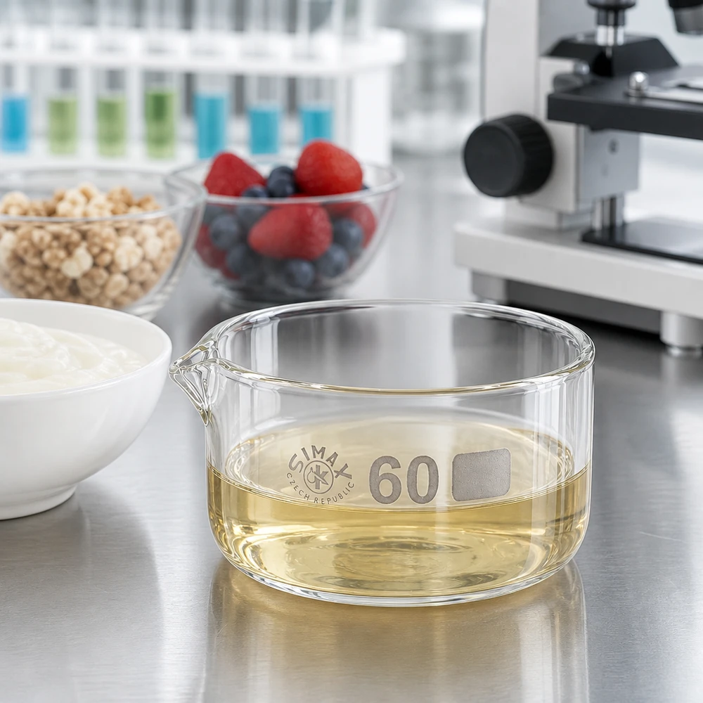 Miska do krystalizacji 60 ml – laboratorium analizy żywności – jogurt, jagody, musli, olej spożywczy – szkło borokrzemowe