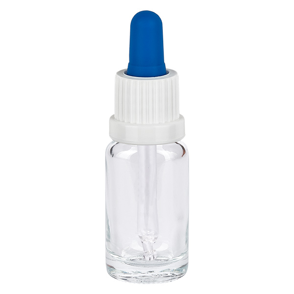 Butelka z pipetą 10 ml biała/niebieska OV ClearL. UT18/10 Buteleczka z pipetą o pojemności 10 ml, wykonana z przezroczystego szkła, z białym zakrętką i niebieską gumową kulką