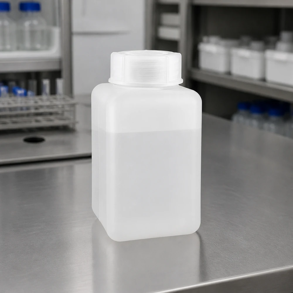 Butelka na chemikalia 1000 ml, szeroka szyjka z PE-HD, kolor naturalny Prostokątna butelka na chemikalia z PE-HD o pojemności 1000 ml, z szeroką szyjką, w kolorze naturalnym, na laboratoryjnym stole roboczym ze stali nierdzewnej