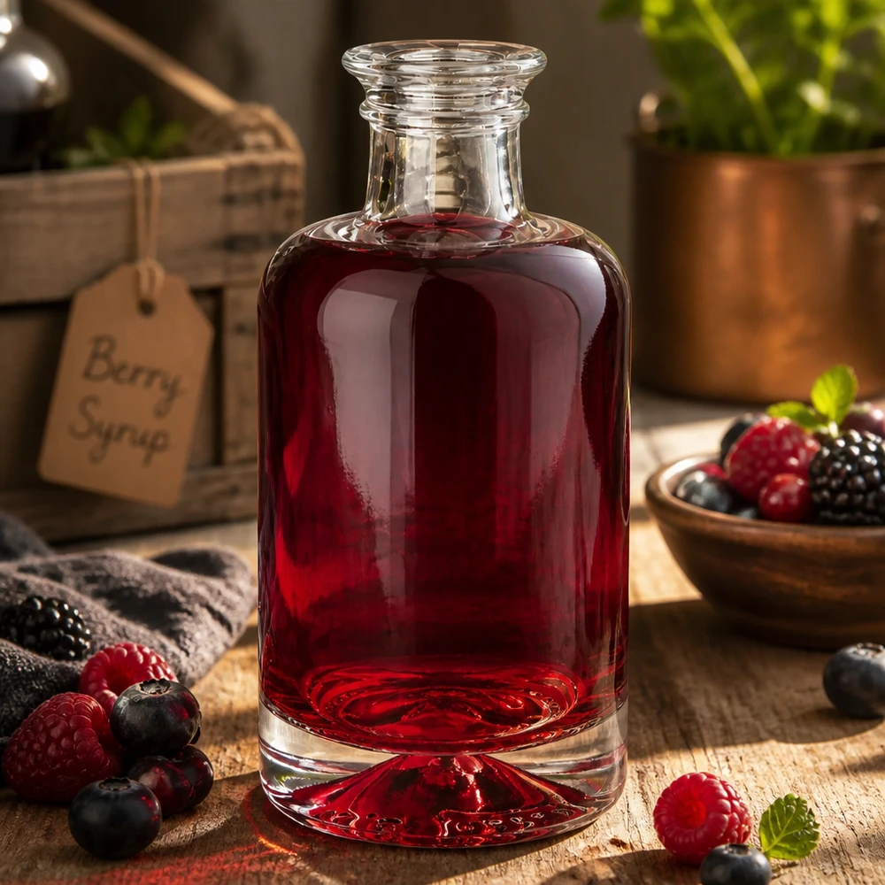 Butelka apteczna 100 ml Sofia bez zamknięcia UNiTWIST® 100 ml szklana butelka Sofia wypełniona sokiem z czerwonych jagód otoczona świeżymi jagodami na rustykalnym drewnianym tle