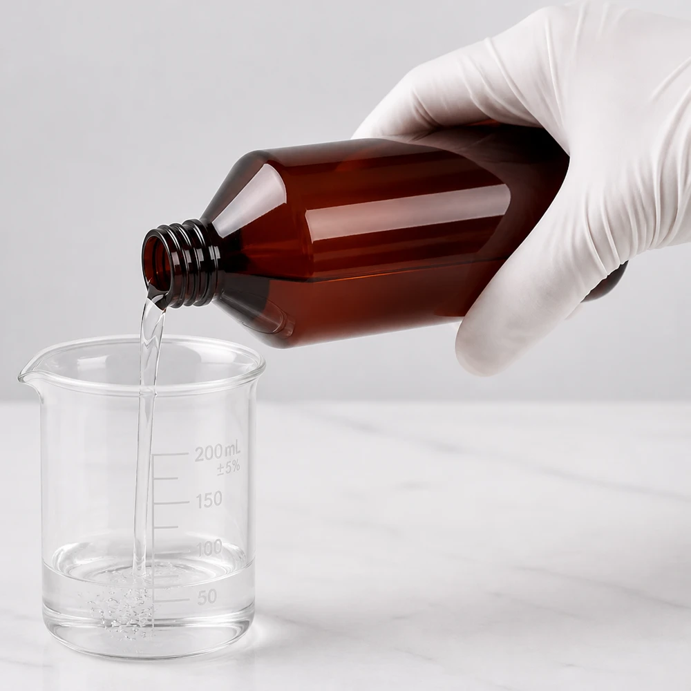 Rękawica wypełnia szklaną zlewkę o pojemności 200 ml z brązowej butelki PET PP28 – zastosowanie laboratoryjne – substancja płynna