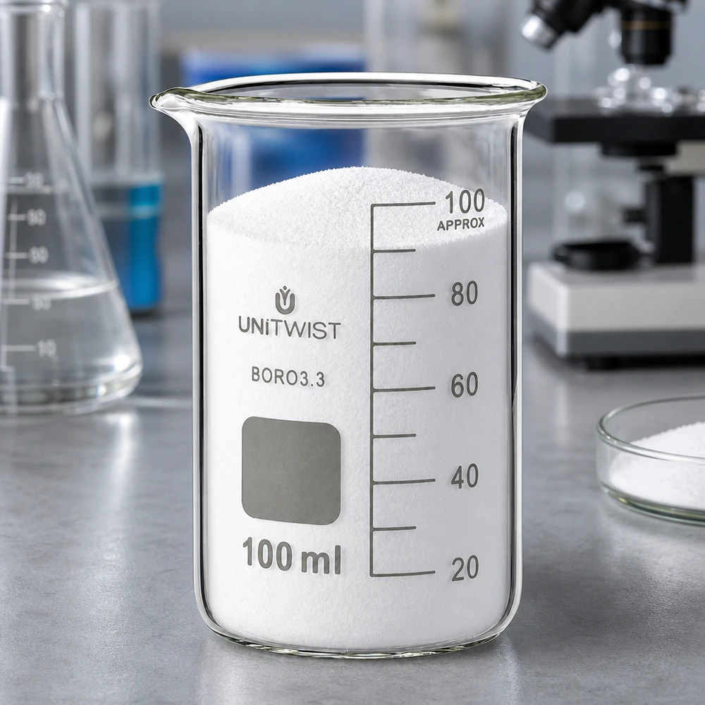 Zlewka 100ml borokrzemianowa, wysoka UNITWIST Szklanka UNITWIST o pojemności 100 ml, wysoka, z borokrzemianu, wypełniona białym proszkiem w laboratorium