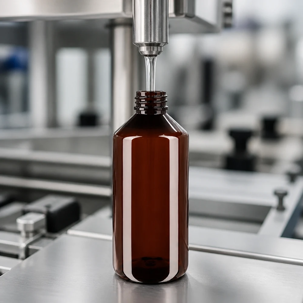 Linia rozlewnicza napełnia bursztynowe butelki PET o pojemności 1000 ml z białymi, żłobkowanymi nakrętkami